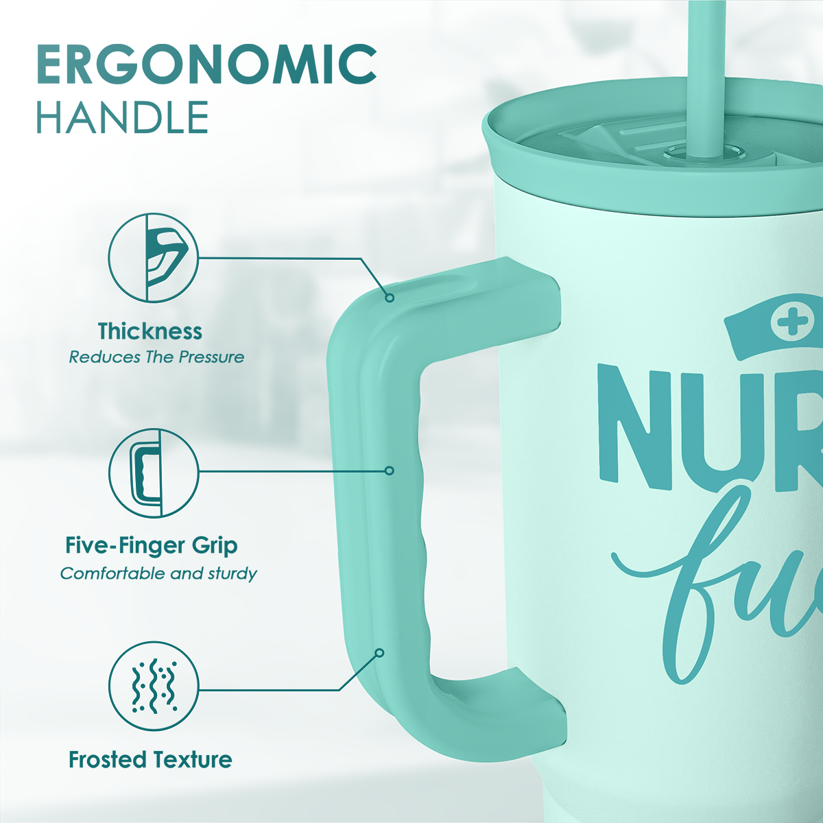 Mint 40oz tumbler with ergonomic handle and five-finger grip
