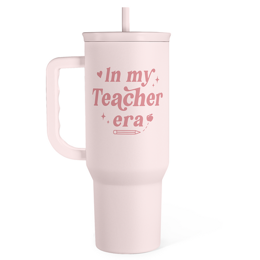 Pink 40oz insulated tumbler with handle, sliding lid, and drinking straw