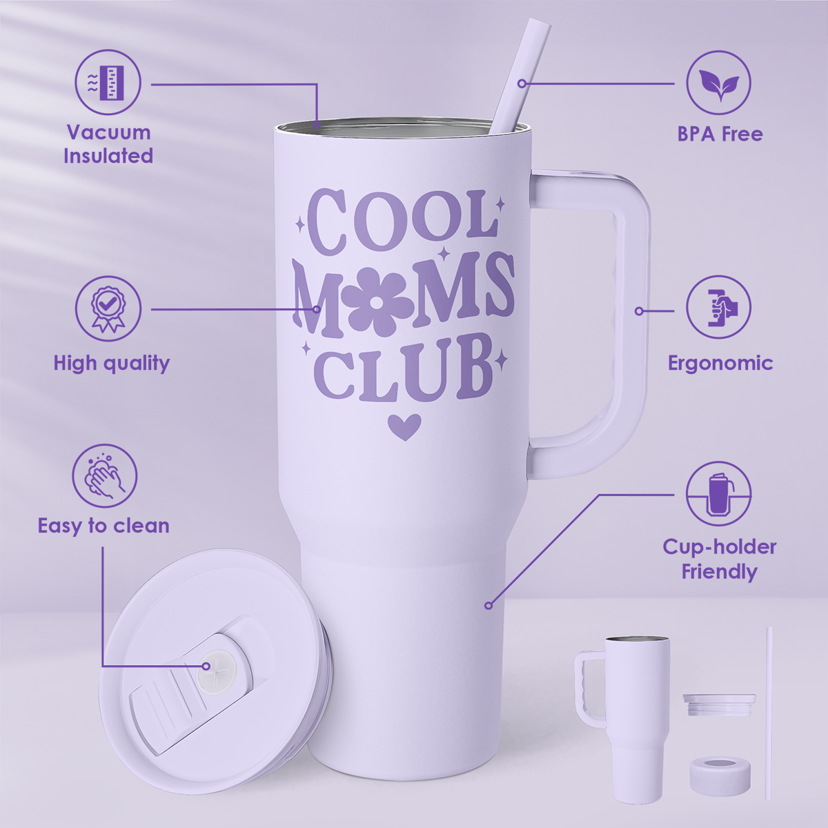 Lavender 40oz insulated tumbler with handle, straw, and detached lid parts