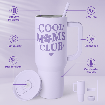 Lavender 40oz insulated tumbler with handle, straw, and detached lid parts