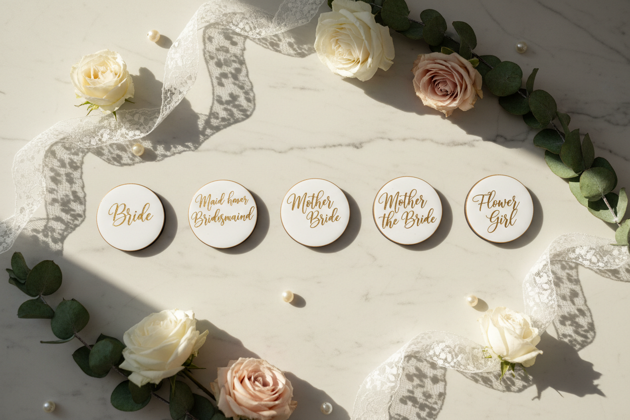 Personalized bridal party magnets set of 5 round keepsakes with text and floral accents