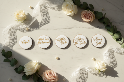 Personalized bridal party magnets set of 5 round keepsakes with text and floral accents
