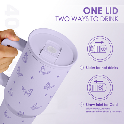 Purple tumbler lid with slider for hot drinks and straw inlet for cold; butterfly pattern.