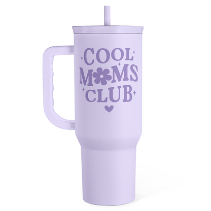 Lavender 40oz insulated tumbler with handle, straw, and COOL MOMS CLUB text