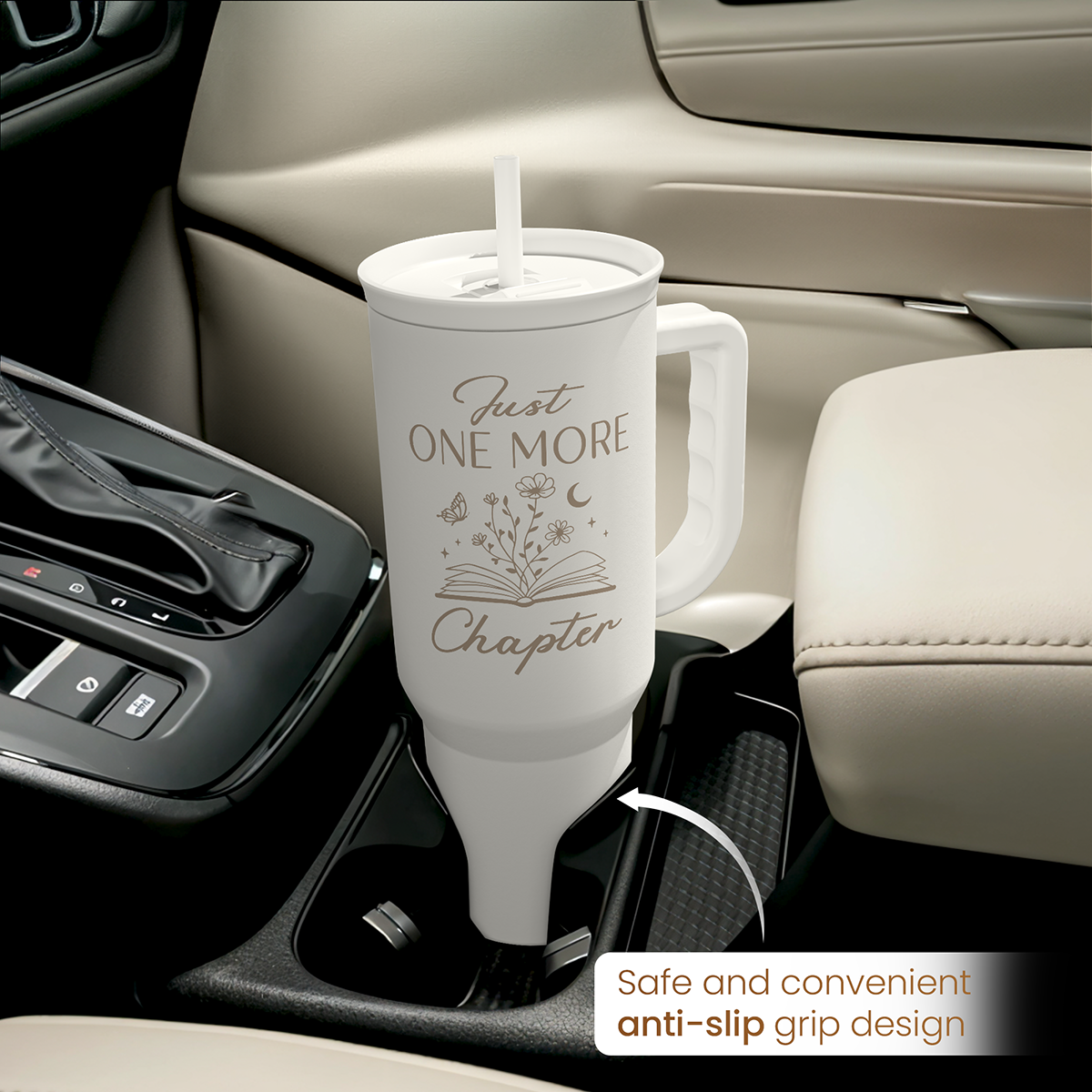 40oz white tumbler with handle, book-themed print, and anti-slip grip base