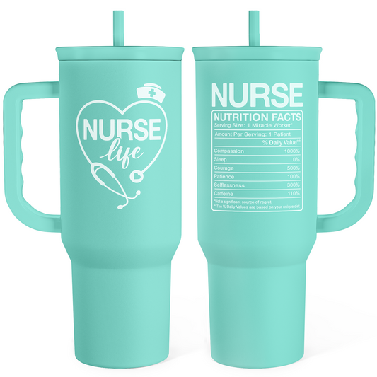 Mint nurse life 40oz tumbler with handle, front heart-and-stethoscope design