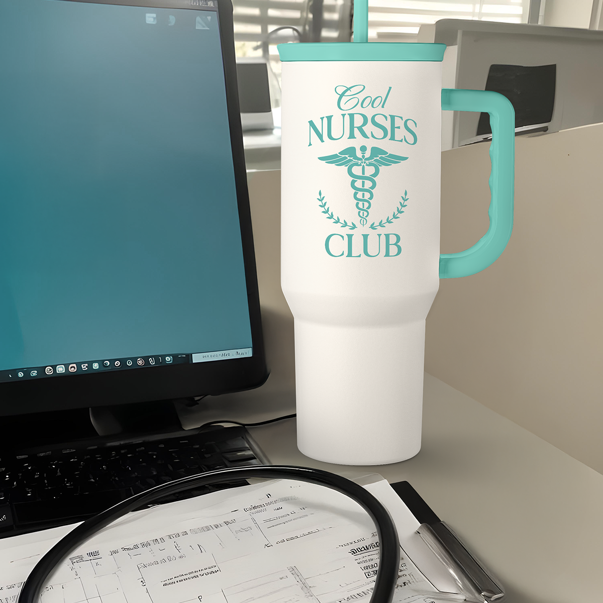 40oz mint handled tumbler with straw, Cool Nurses Club design