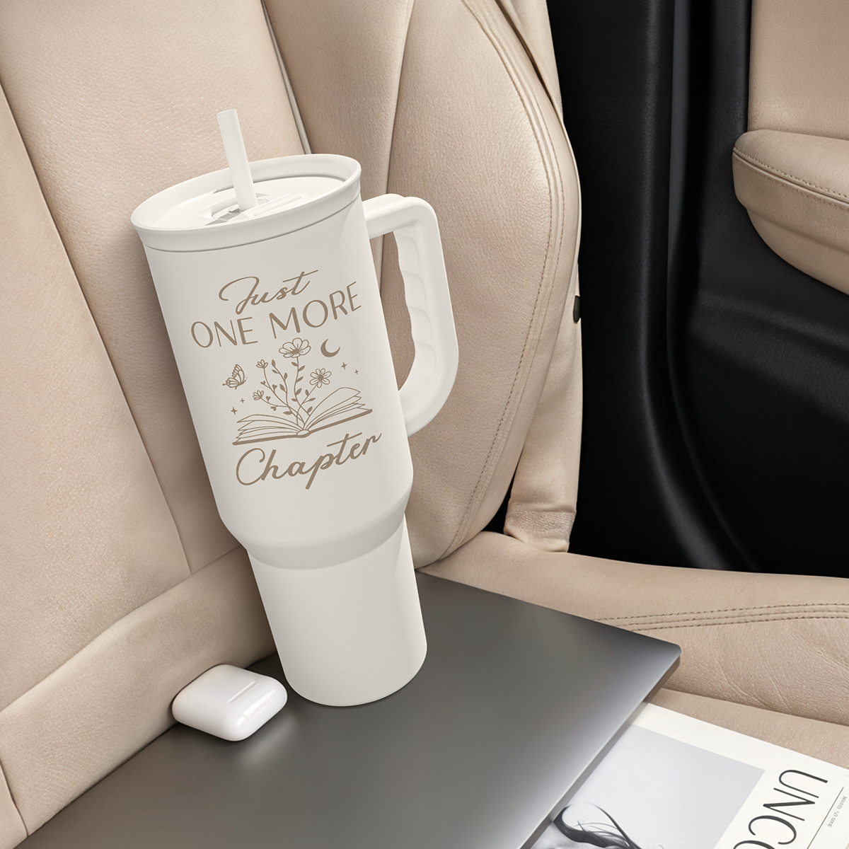 40oz white tumbler with handle and straw, designed to fit cupholders