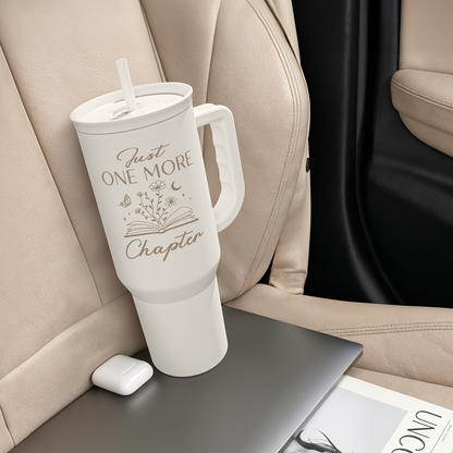 40oz white tumbler with handle and straw, designed to fit cupholders