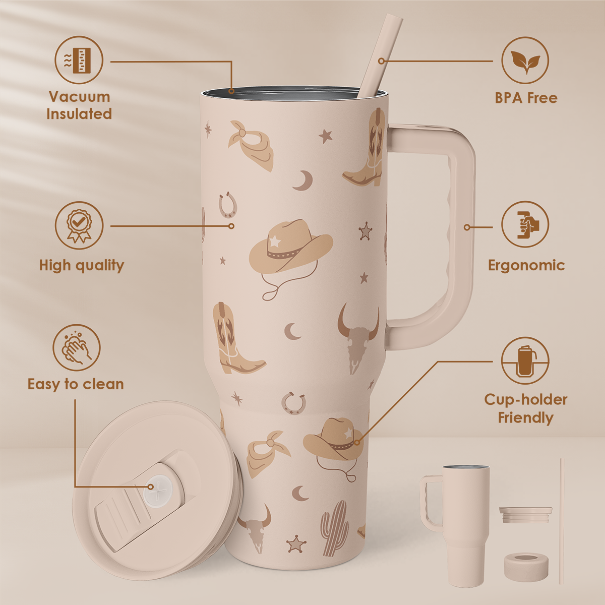 40oz slider tumbler with handle, tan cowboy print, straw and open lid