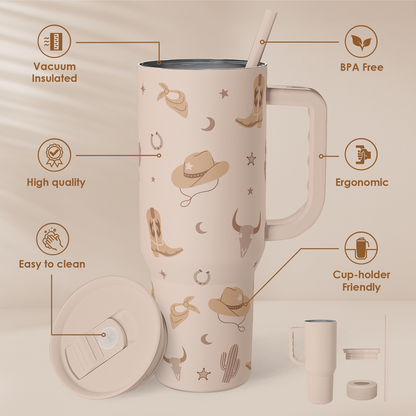 40oz slider tumbler with handle, tan cowboy print, straw and open lid