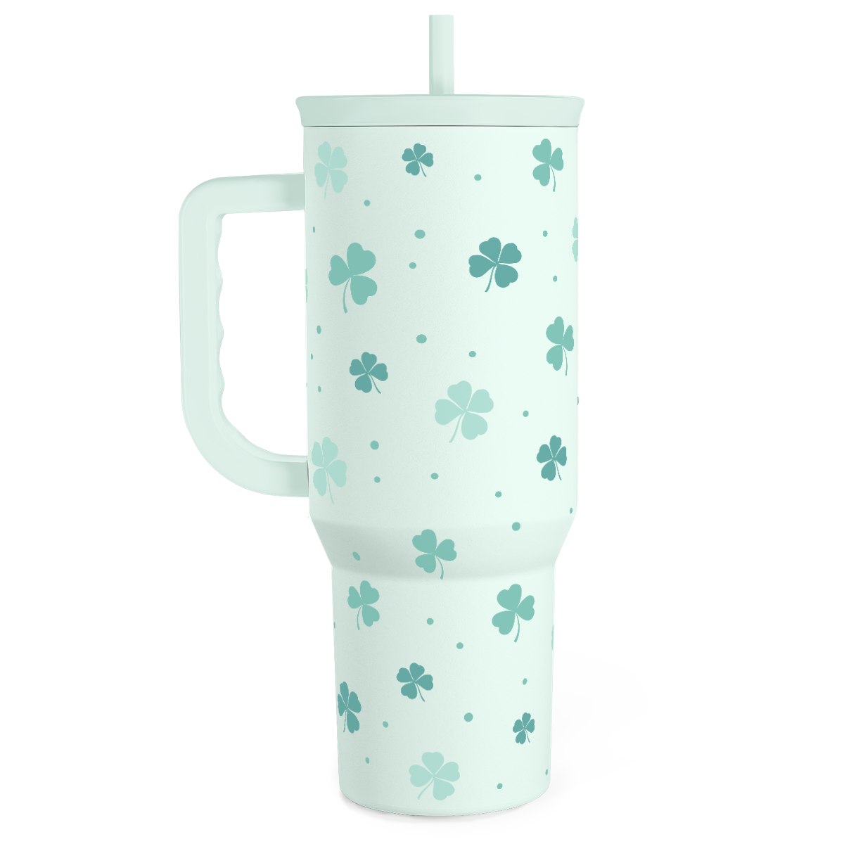 Mint green 40oz slide tumbler with handle, shamrock clover pattern, straw lid