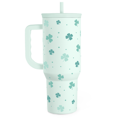 Mint green 40oz slide tumbler with handle, shamrock clover pattern, straw lid