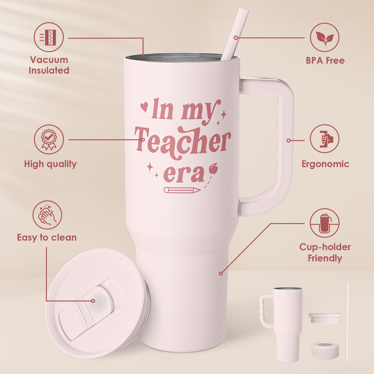 Pink 40oz insulated tumbler with handle, slider lid, straw, and removable cup parts