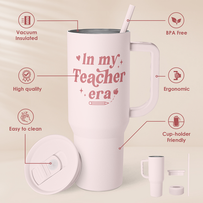 Pink 40oz insulated tumbler with handle, slider lid, straw, and removable cup parts
