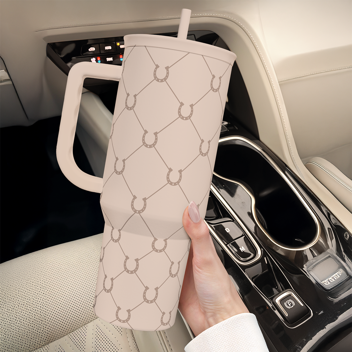 Brown Horse Slidemate 40oz beige tumbler with straw placed in car cupholder