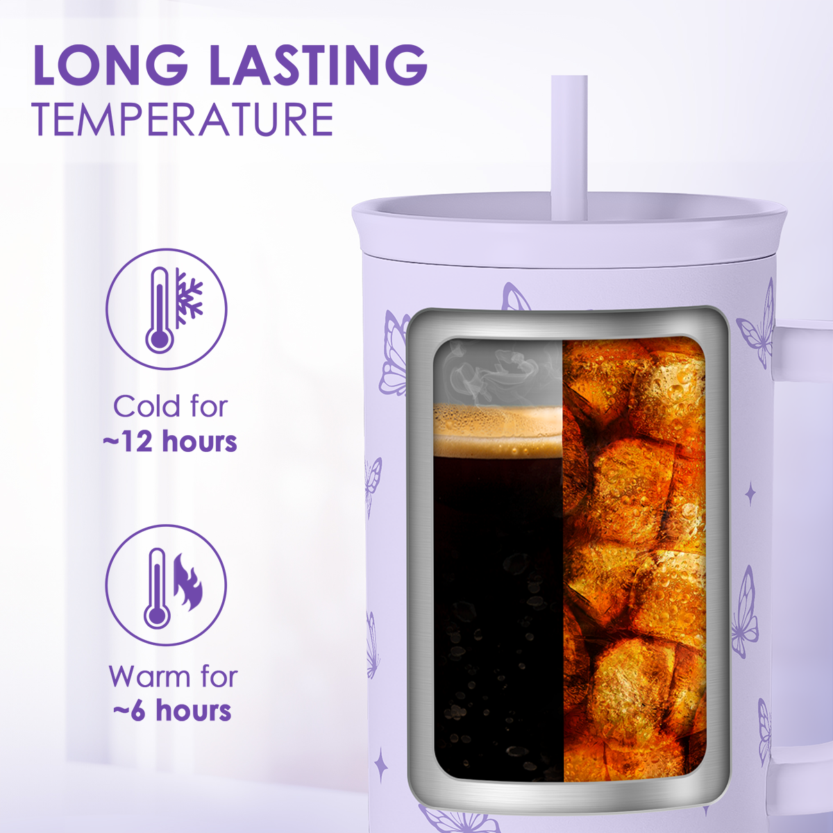 Lilac insulated tumbler with butterfly pattern, clear interior window, and straw lid.