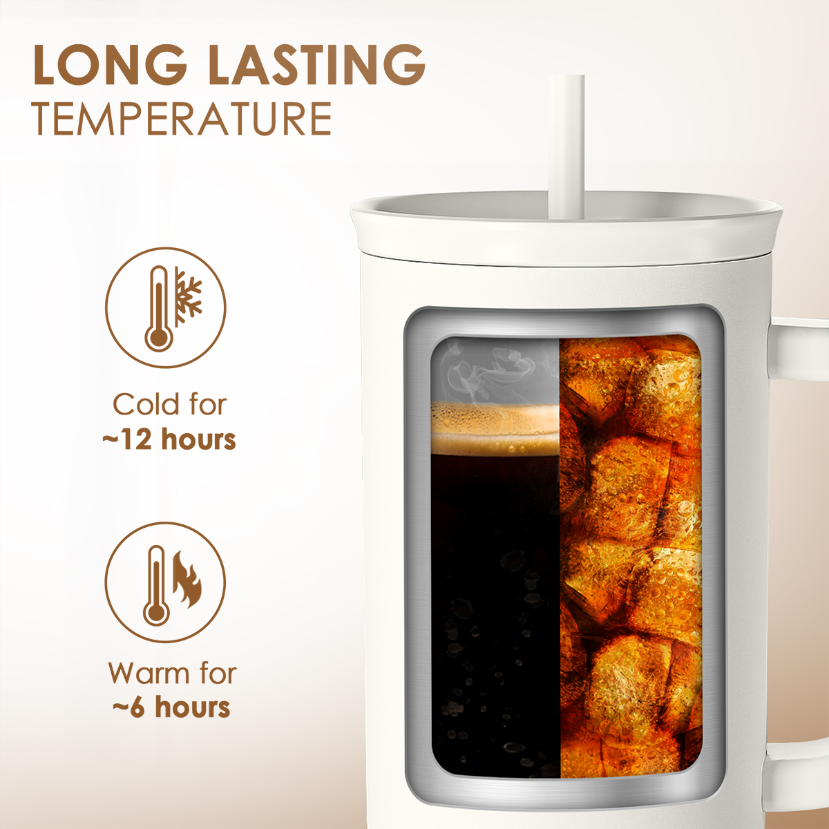 White 40oz tumbler with handle and straw, insulated drink window for cold and warm