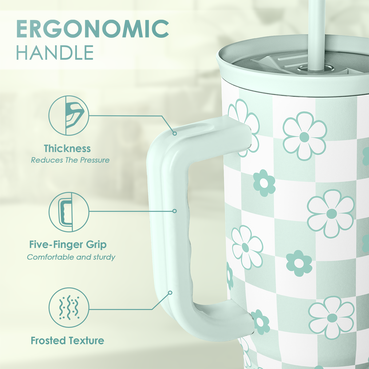 40oz mint checker daisy tumbler with ergonomic handle and frosted grip