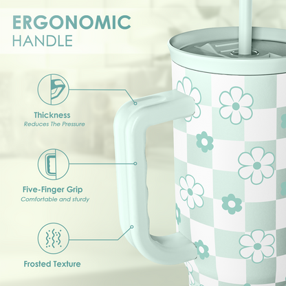 40oz mint checker daisy tumbler with ergonomic handle and frosted grip