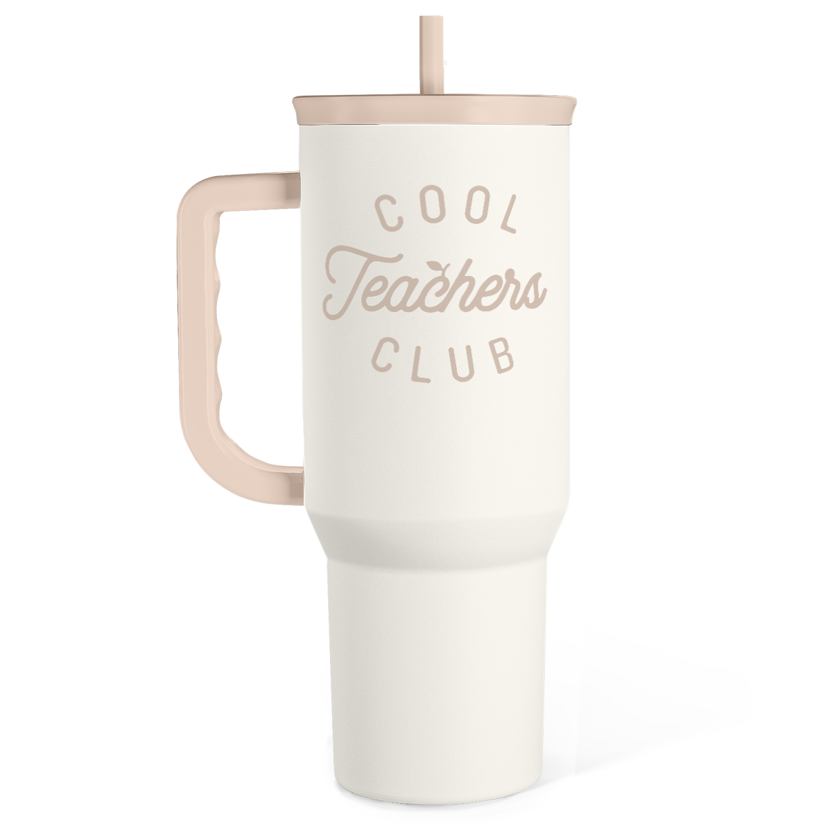 White 40oz tumbler with handle and straw, “Cool Teachers Club” logo on front