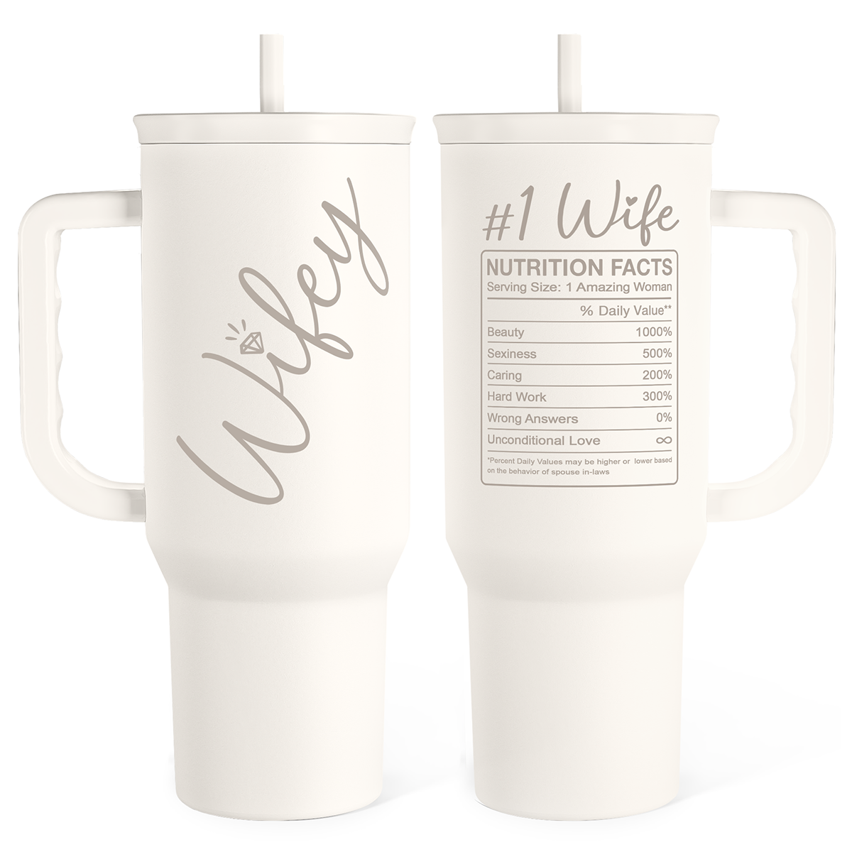 White 40oz slide-lid tumbler with handle, printed wife design on both sides