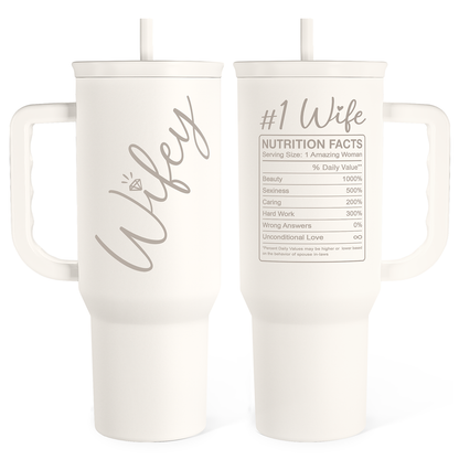 White 40oz slide-lid tumbler with handle, printed wife design on both sides