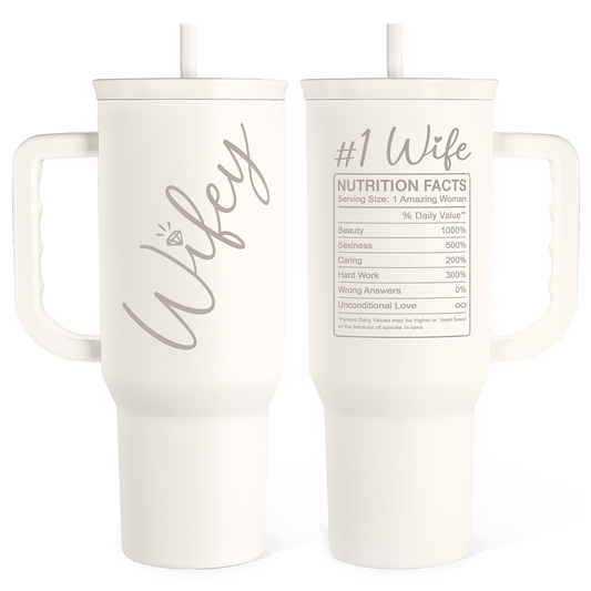 White 40oz slide-lid tumbler with handle, printed wife design on both sides