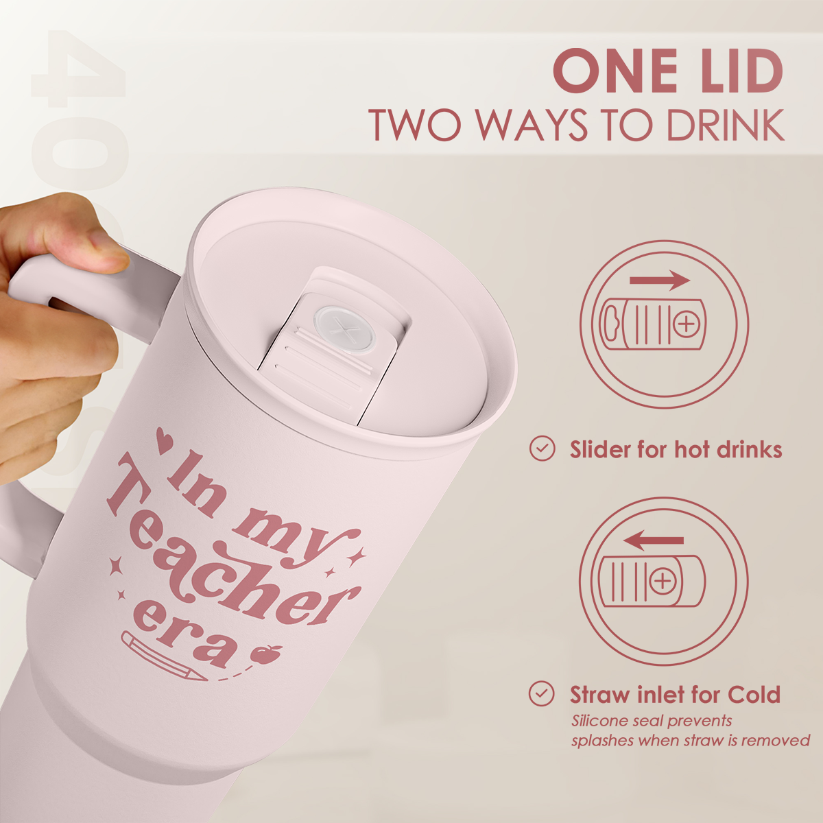 Pink 40oz tumbler with slider lid for hot drinks and straw inlet for cold
