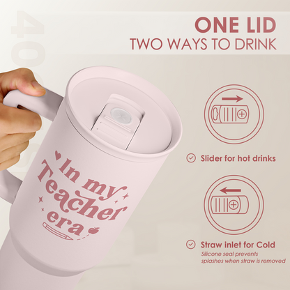 Pink 40oz tumbler with slider lid for hot drinks and straw inlet for cold
