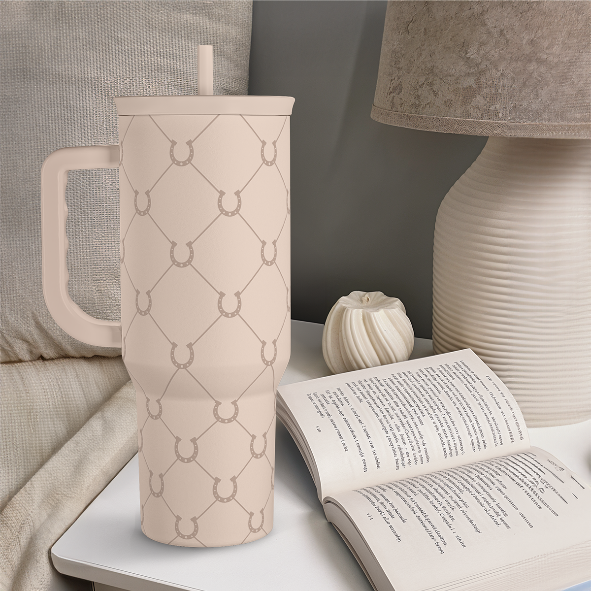Brown Horse Slidemate 40oz beige tumbler with straw and wide side handle