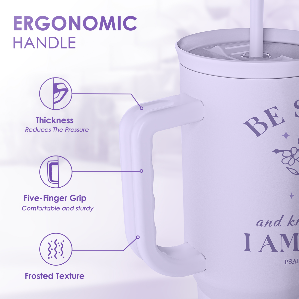 Lavender tumbler side with ergonomic handle grip and frosted texture near the cup