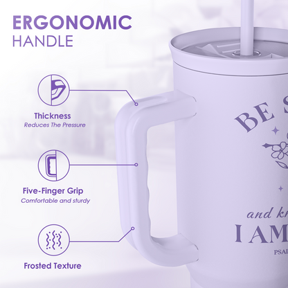 Lavender tumbler side with ergonomic handle grip and frosted texture near the cup