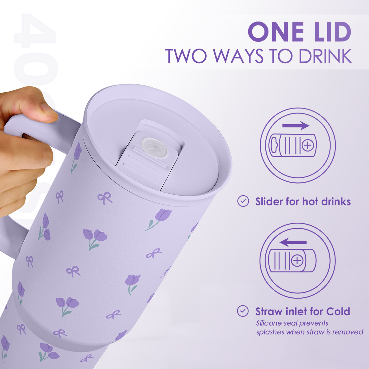 Purple floral 40oz tumbler with slide lid and straw inlet, two-way drinking design