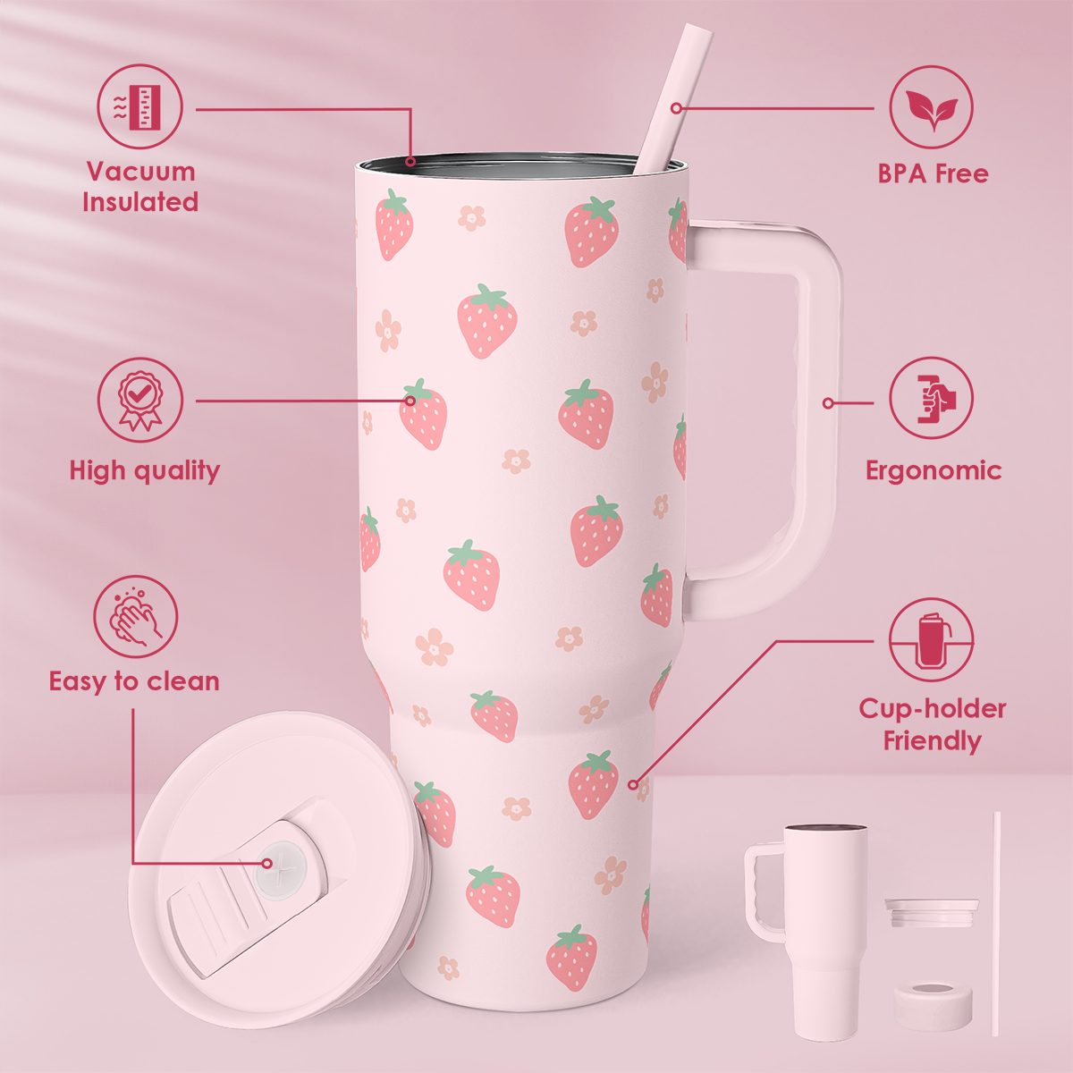Pink strawberry-pattern 40oz tumbler with handle, straw, and slide lid