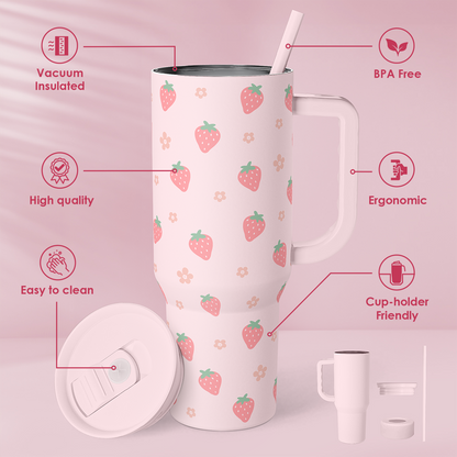 Pink strawberry-pattern 40oz tumbler with handle, straw, and slide lid