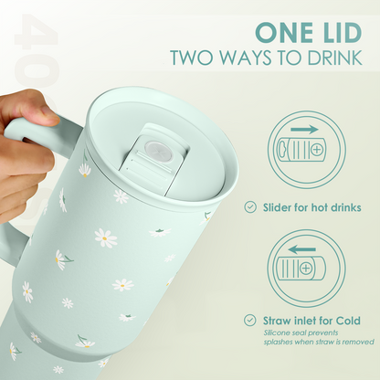 Mint daisy 40oz tumbler with sliding lid for straw or cup-drink