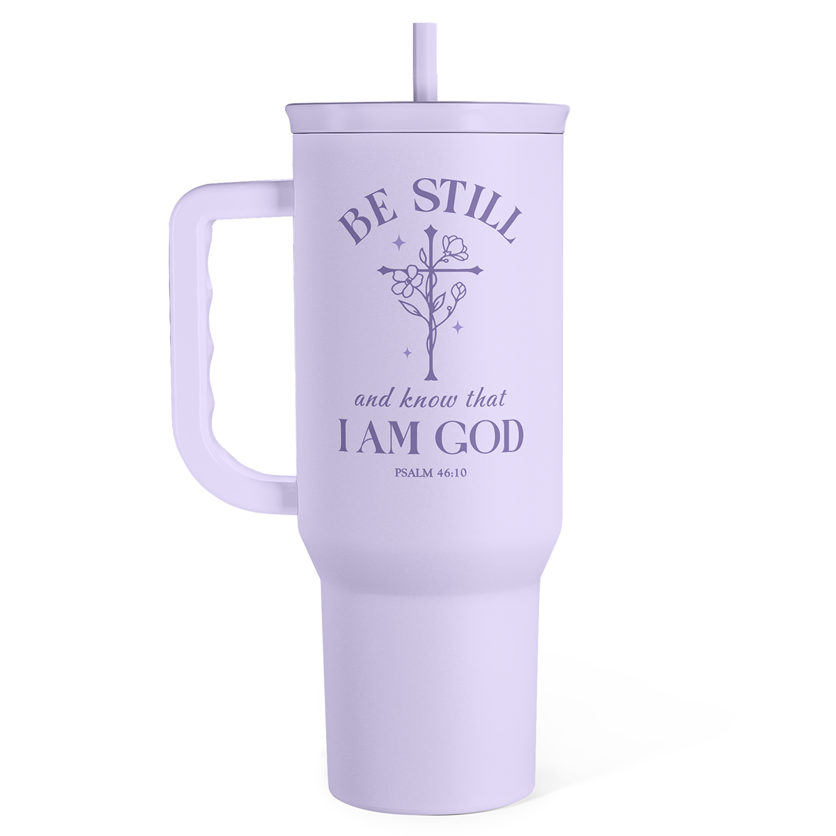 Purple Christian tumbler with handle and straw, front religious graphic and quote text
