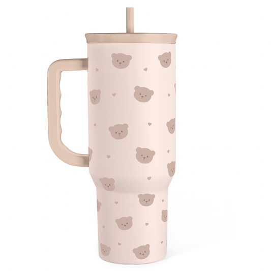 40oz slider tumbler with handle in beige, brown bear print, straw lid