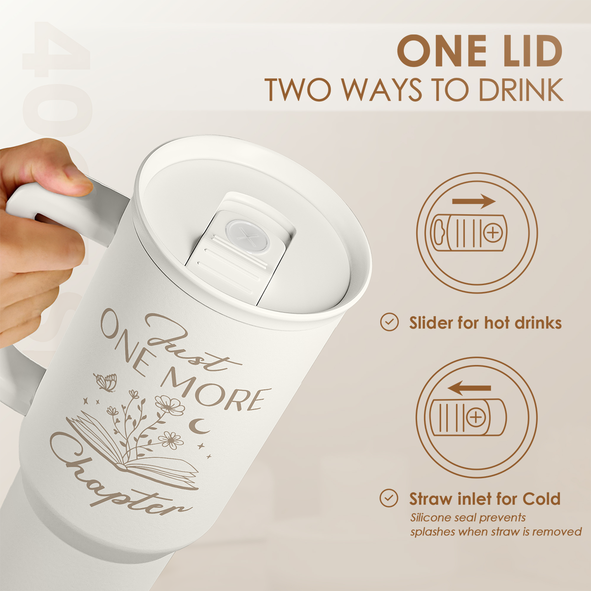 White slider tumbler lid: slide cover for hot drinks and straw inlet for cold drinks