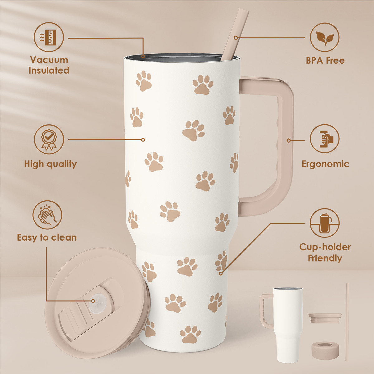 Brown Dog Slidemate 40oz tumbler with slide lid straw, handle, and tan paw print pattern