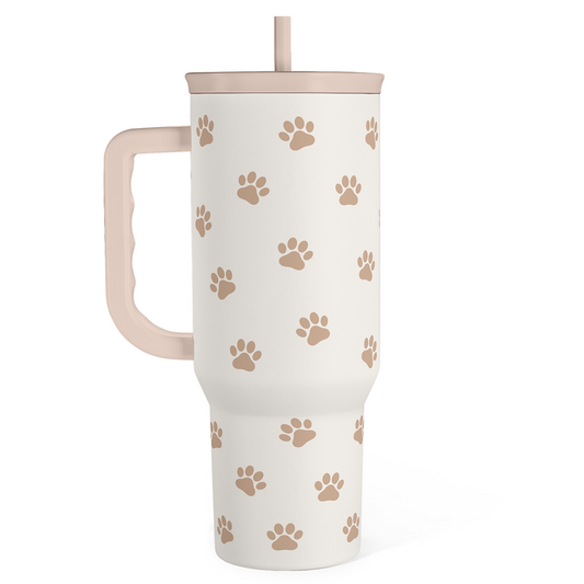 Brown Dog Slidemate 40oz slider tumbler with handle, white body and tan paw prints