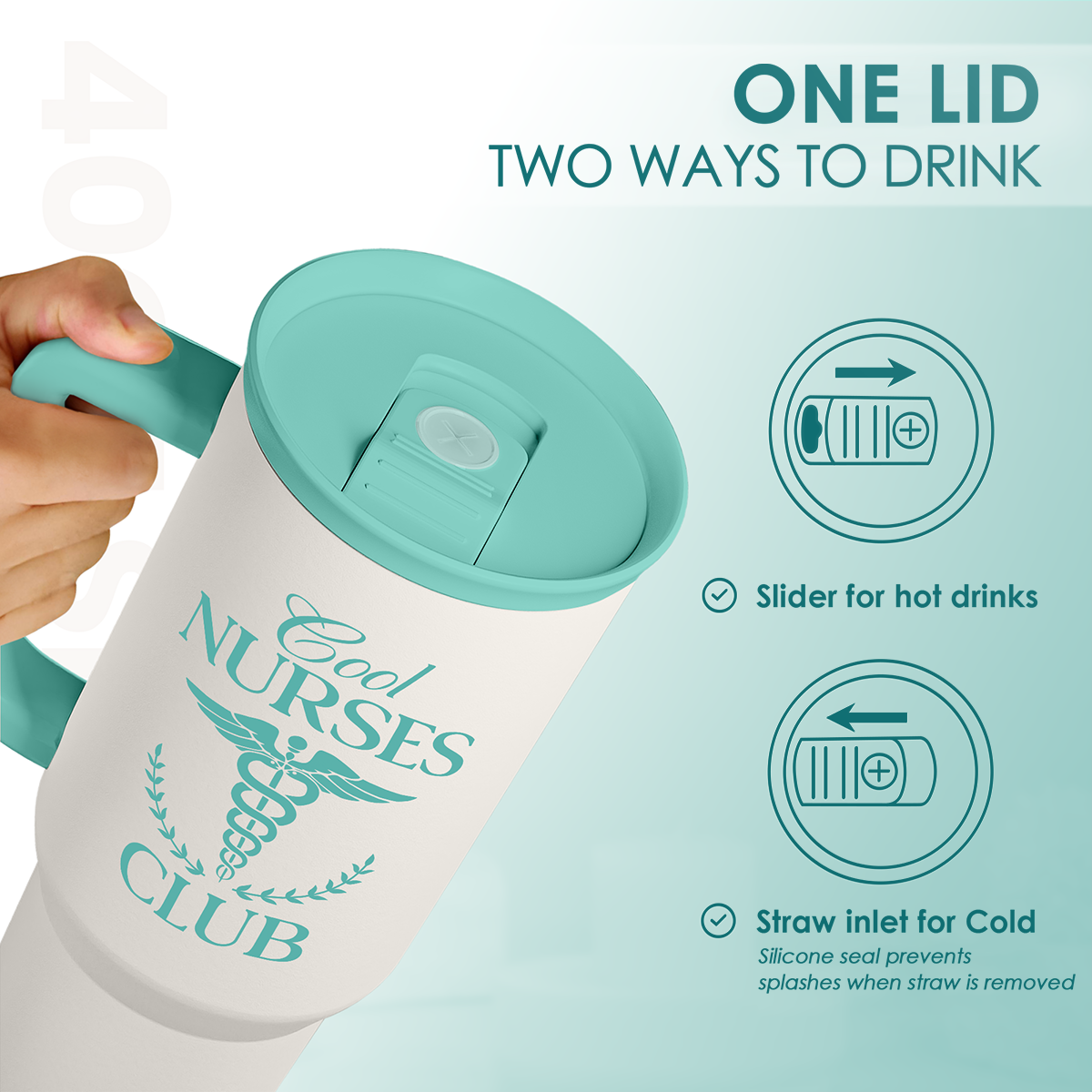 40oz mint slider-lid tumbler, straw inlet for cold and slider for hot drinks