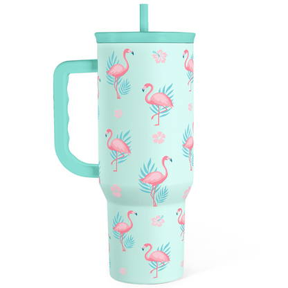 Mint Slidemate slider tumbler with handle and straw lid, pink flamingo print