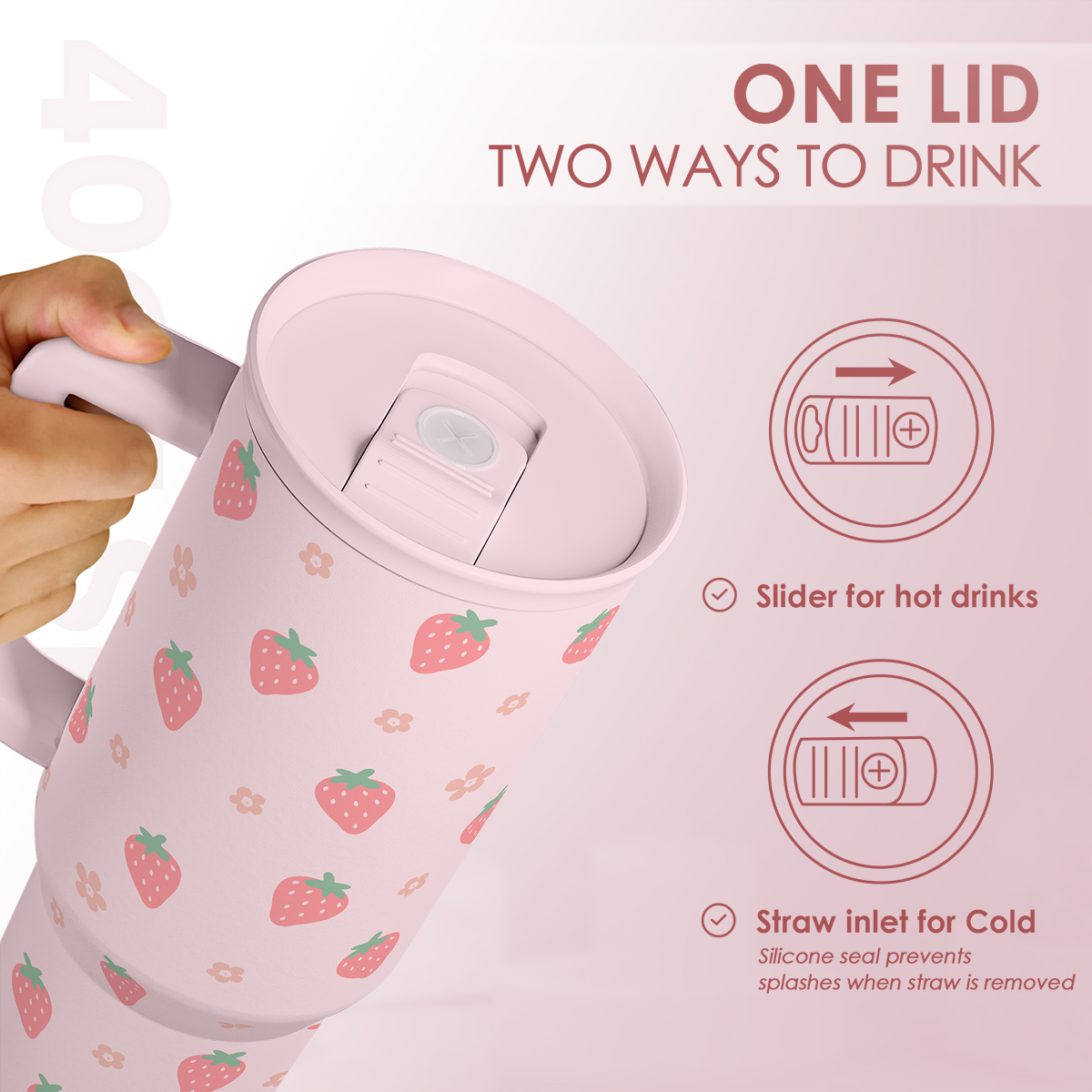 Pink strawberry-pattern tumbler with open slide lid and straw inlet for cold drinks