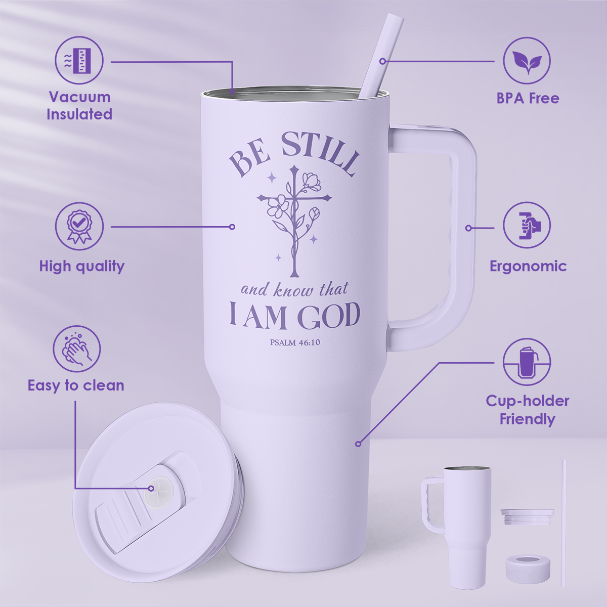 Lavender insulated slider tumbler with handle, straw, and Christian front graphic