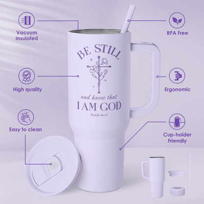 Lavender insulated slider tumbler with handle, straw, and Christian front graphic