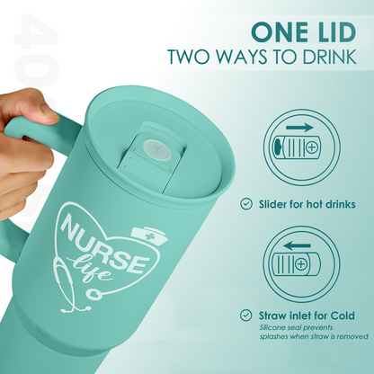 Mint tumbler lid with slider and dual-drink opening, straw for cold drinks