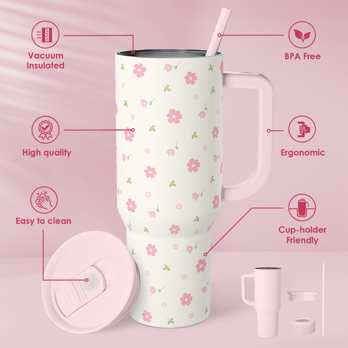 Pink floral 40oz tumbler with side handle, straw lid, and included parts