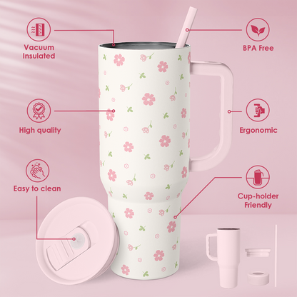 Pink floral 40oz tumbler with side handle, straw lid, and included parts